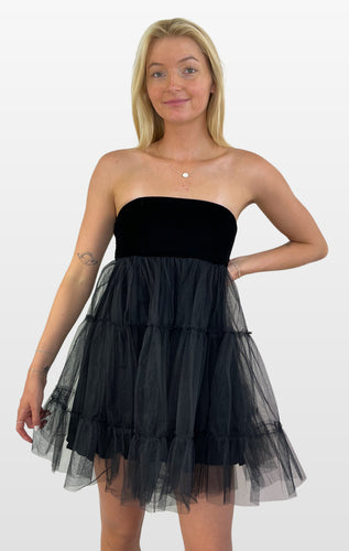 Black Velvet and Tulle Strapless Dress