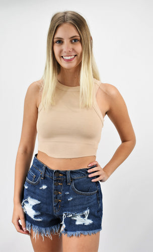 High Energy Exposed Button Distressed Denim Shorts