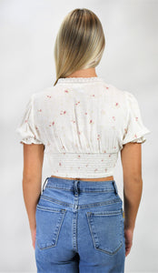 Delicate Crimson Bloom Front Ruched Crop Top