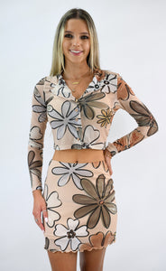 Soft Brown Bloom Long Sleeve Mesh Top