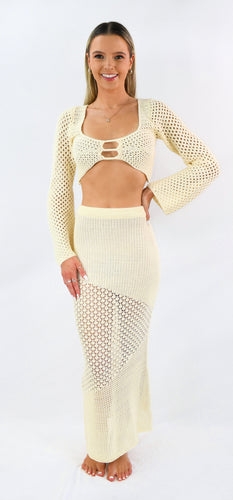 Vanilla Cream Crochet Open Midriff Maxi Set