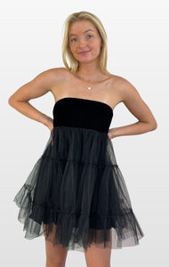 Black Velvet and Tulle Strapless Dress