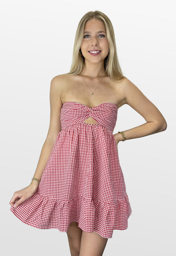 Gingham Game Strapless Twist Dress