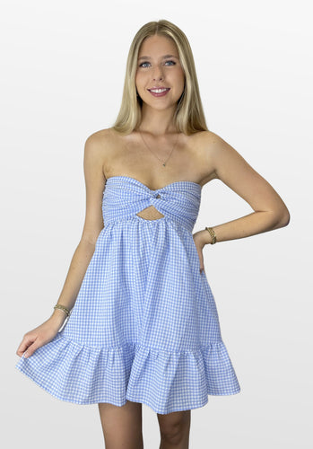 Gingham Game Strapless Twist Dress