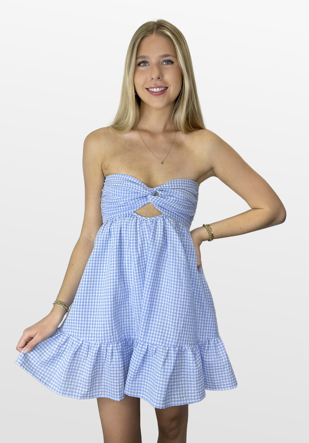 Gingham Game Strapless Twist Dress