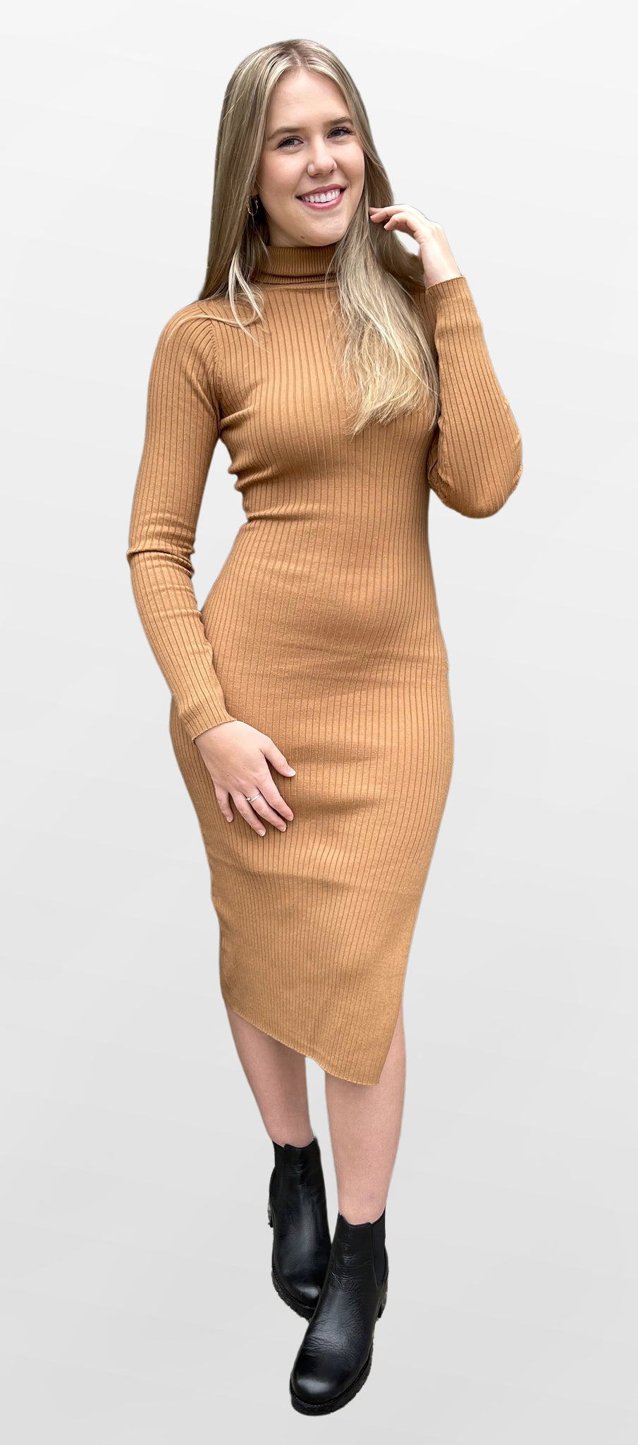 turtleneck knit midi dress Knit Solid Turtleneck Midi Sweater Dress Red / Large