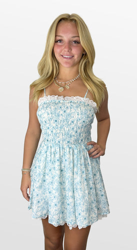 Turquoise Flowers Smocked Bodice Mini Dress