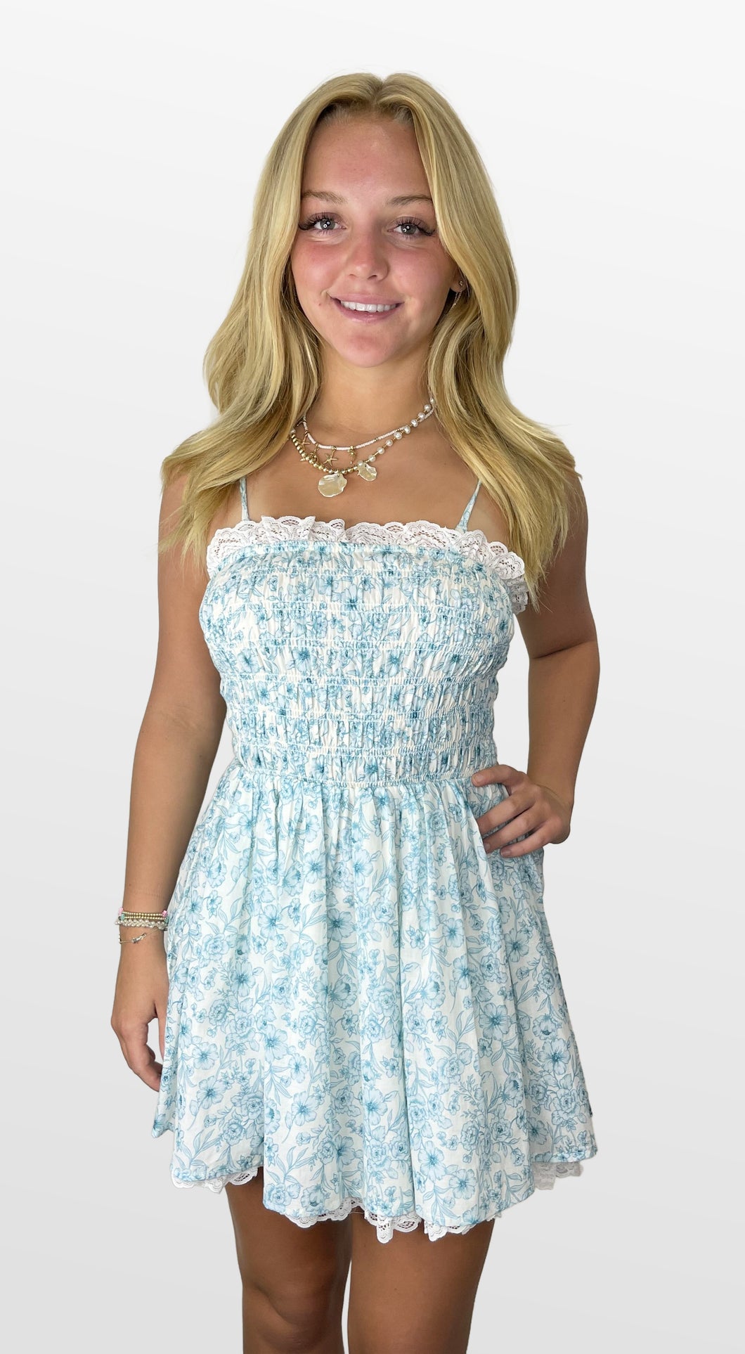 Turquoise Flowers Smocked Bodice Mini Dress