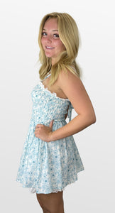Turquoise Flowers Smocked Bodice Mini Dress