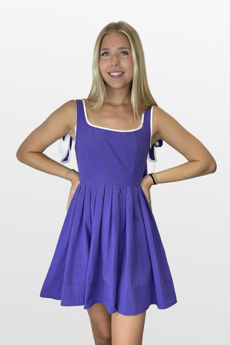 purple mini dress gameday Day + Moon Purple Gameday Dress With White Trim