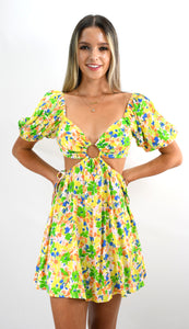 Yellow Watercolors O-Ring Open Midriff Mini Dress