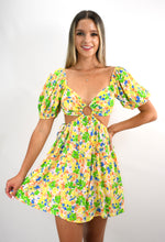 Load image into Gallery viewer, Yellow Watercolors O-Ring Open Midriff Mini Dress