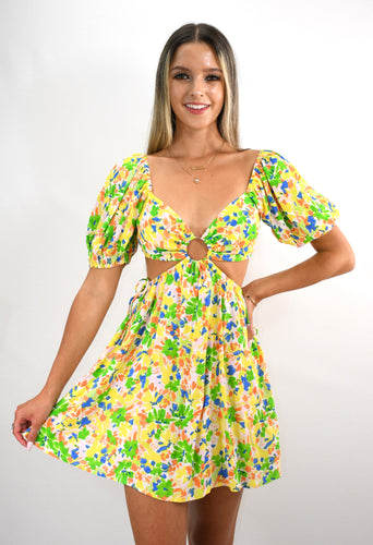 Yellow Watercolors O-Ring Open Midriff Mini Dress