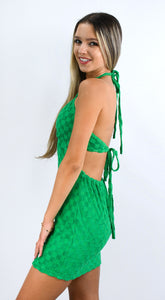 Green Space Open Back Terry Halter Dress