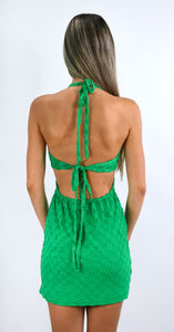 Green Space Open Back Terry Halter Dress