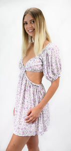 Little Purple Flowers Open Midriff Mini Dress