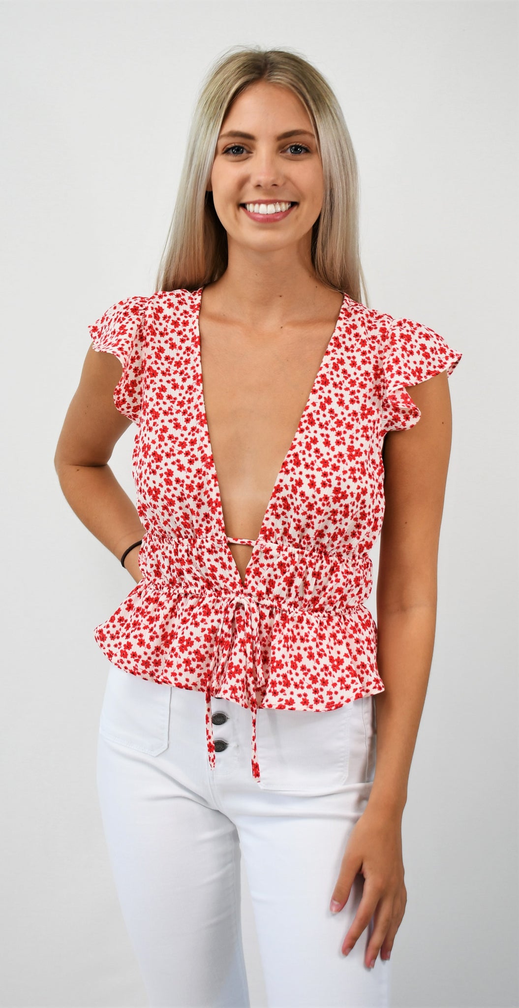 Pretty Posey Flowers Deep Plunge Top – The Campus Colors Boutique