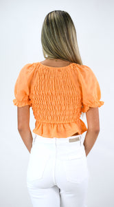 Orange Appeal Smocked Bodice Top With Cap Sleeves