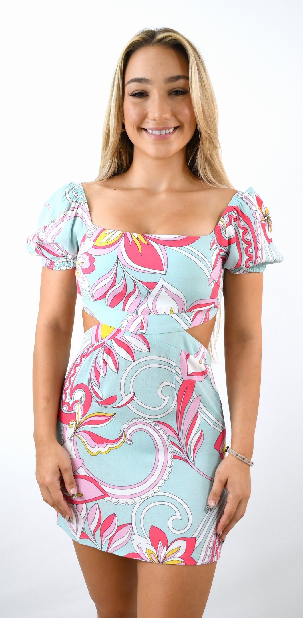 Pucci Pattern Inspired Short Sleeve Cut Out Dress