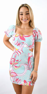 Pucci Pattern Inspired Short Sleeve Cut Out Dress