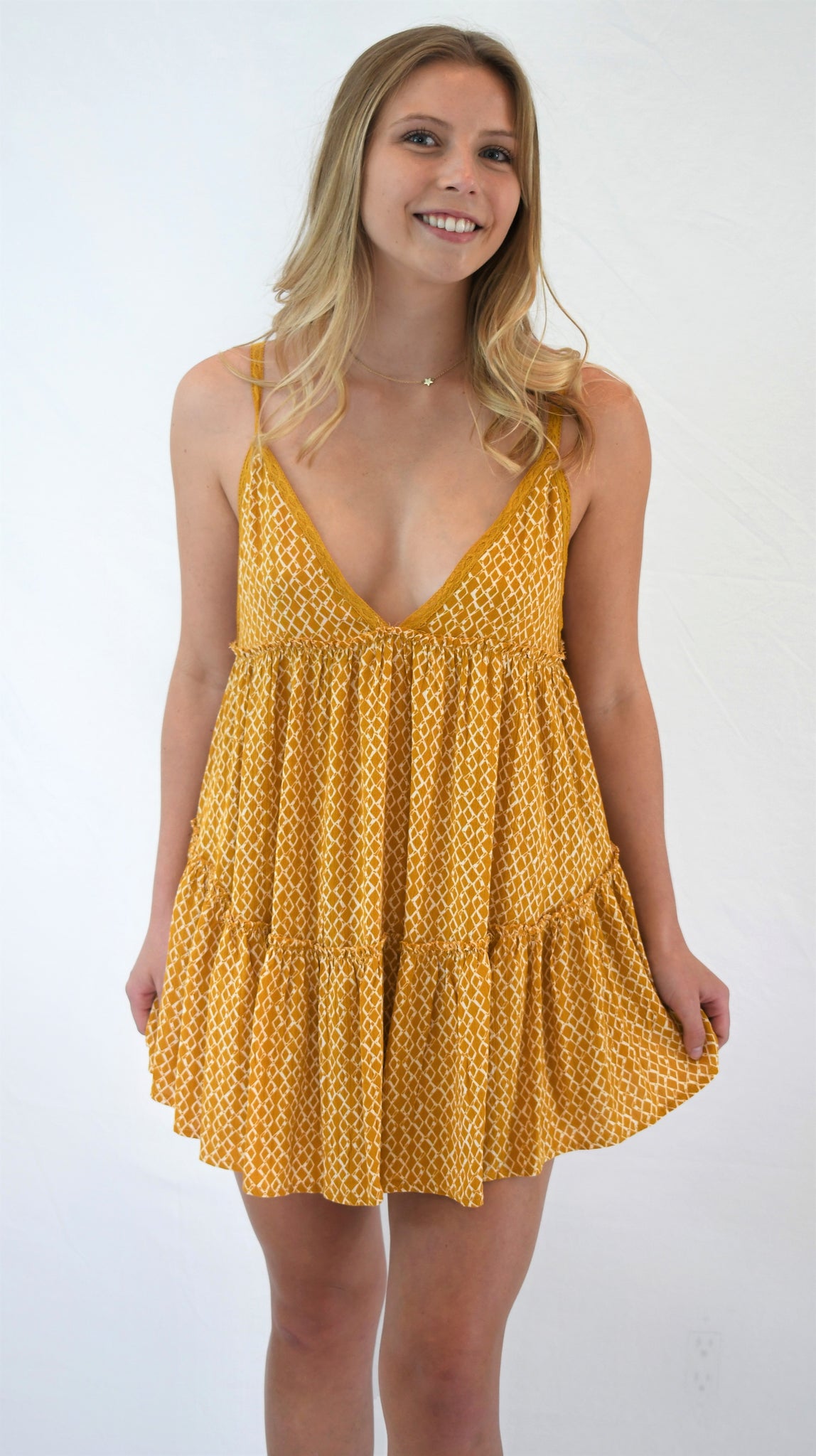 Triangle Top Mini Dress with Ruffle Bottom The Campus Colors